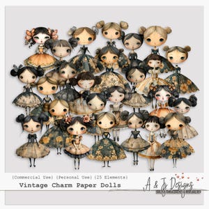 Vintage Charm Papierpuppen, Junk Journal Ephemera, digitale Puppen Ausschnitte, Scrapbook Doll PNG, Shabby Chic Dolls, bedruckbare Papierpuppen