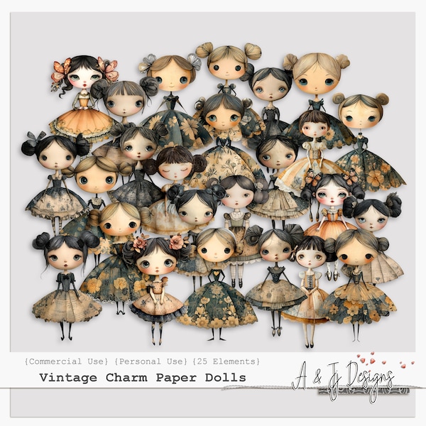 Vintage Charm Paper Dolls, Junk Journal Ephemera, Digital Doll Cutouts, Scrapbook Doll PNG, Shabby Chic Dolls, Printable Paper Dolls