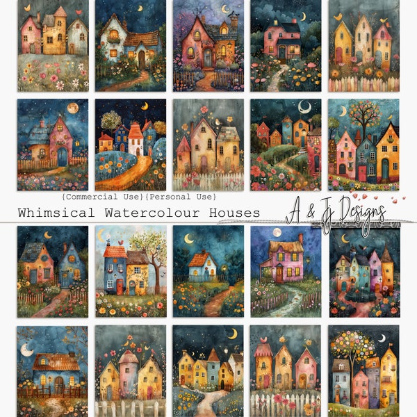 Whimsical Watercolour Houses, CU, Printable, Papers, JPG, Junk Journals, Scrapbooking, Mixed Media, 11x8.5" Digital Art, Digital Download