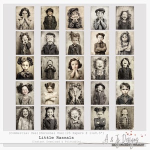 Puede incluir: Una colección de 25 impresiones de estilo vintage con retratos de niños con diversas expresiones. Las impresiones son en tonos sepia y miden 27,9 x 21,6 cm. El texto de la imagen dice "Little Rascals" y "Instant Download & Printable."