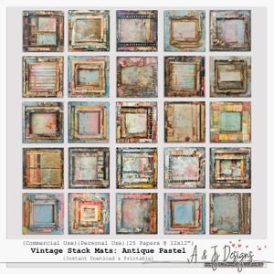May include: A collection of 25 vintage stack mats in a grid arrangement. Each square features a unique design with pastel colors, distressed textures, and layered paper effects. The text "Vintage Stack Mats: Antique Pastel" is visible.