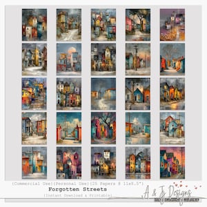 May include: A collection of 25 printable art prints featuring watercolor paintings of colorful, stylized street scenes. The prints are 11x8.5 inches and include the text "Forgotten Streets" and "A & J Designs".