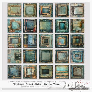 May include: A collection of 25 vintage stack mats in an oxide tone, each measuring 12x12 inches. The mats feature a variety of textures and colors, including shades of blue, brown, and gold. The design is a digital download and printable.