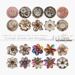 Vintage Blooms & Buttons, CU, PU, Afdrukbaar, Clipart, Junk Journal, Mixed media, Elementen, Paper Craft, Scrapbooking, Digitale download