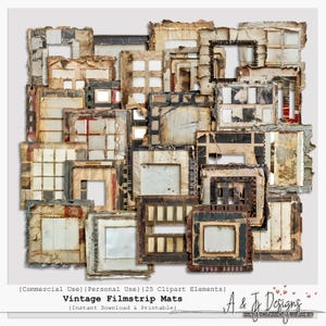 May include: A collage of vintage filmstrip mats with distressed edges and aged paper textures. The mats are in various shapes and sizes, with a mix of neutral colours, including beige, brown, and black. The text "Vintage Filmstrip Mats" is visible.