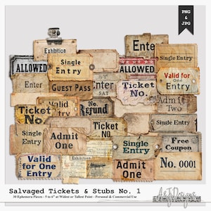 May include: A collage of vintage-style tickets and stubs with various text, including "Allowed," "Single Entry," and "Ticket No." The tickets are aged with a distressed look, featuring a variety of fonts and designs. The collection includes 30 pieces, ranging from 5 to 6 inches.