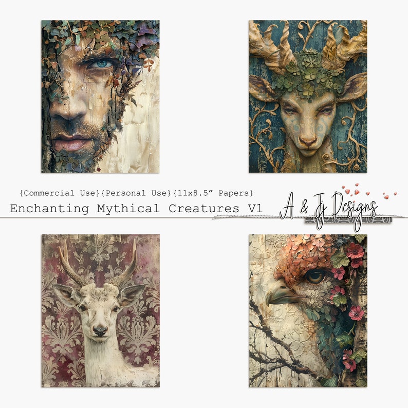 May include: Four digital art prints featuring mythical creatures with a nature theme. The prints feature a man with vines growing over his face, a deer with antlers and vines, a deer with antlers and a floral background, and a bird with flowers and vines.
