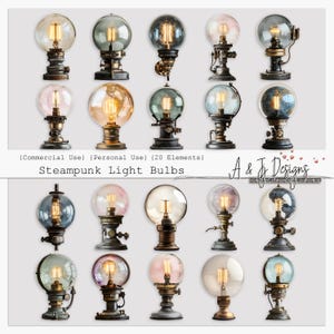 Steampunk Light Bulbs, Junk Journal Images, Commercial Use, Scrapbooking, Junk Journal Ephemera, Transparent Files