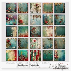 Può includere: Una collezione di 25 carte digitali quadrate, ciascuna di 30x30 cm, con un aspetto invecchiato e vintage. Ogni carta presenta un design unico con elementi floreali e a tema natalizio nei toni del verde acqua, rosso e oro. Il testo "Weathered Yuletide" è visibile.