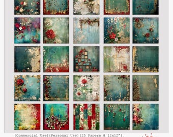May include: A collection of 25 square digital papers with a weathered, vintage aesthetic. Each paper features a unique design with floral and Christmas-themed elements in shades of teal, red, and gold. The text "Weathered Yuletide" is visible.