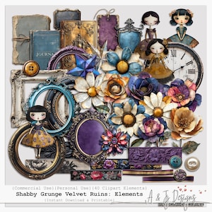 May include: A digital collage of vintage-style clipart elements. The image includes frames, flowers, dolls, buttons, and journal pages in blue, gold, purple, and cream. Text reads "Shabby Grunge Velvet Ruins: Elements."