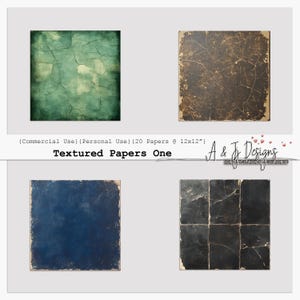 May include: Four square digital papers with textured designs. The papers feature a variety of colors, including teal, brown, navy blue, and black. The text "Textured Papers One" is displayed below the papers.