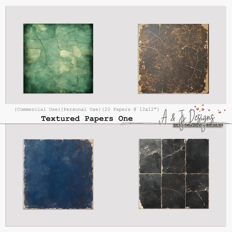 May include: Four square digital papers with textured designs. The papers feature a variety of colors, including teal, brown, navy blue, and black. The text "Textured Papers One" is displayed below the papers.