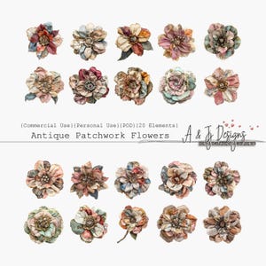 May include: Twenty antique patchwork fabric flowers in various colors and patterns. The flowers are arranged in three rows of six, with two flowers in the bottom row. The flowers are all different sizes and shapes, and they have a vintage look.