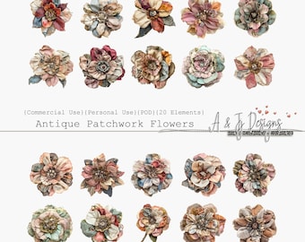 Antique Patchwork Flowers, 20 Clipart Images, Commercial Use, Personal Use, Transparent Files, Instant Download, Printable