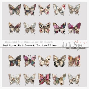 Papillons en patchwork antiques, 20 images Clipart, usage commercial, usage personnel, fichiers transparents, téléchargement immédiat, imprimable