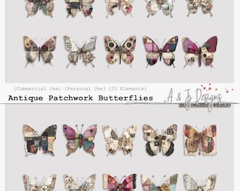 Antique Patchwork Butterflies, 20 Clipart Images, Commercial Use, Personal Use, Transparent Files, Instant Download, Printable