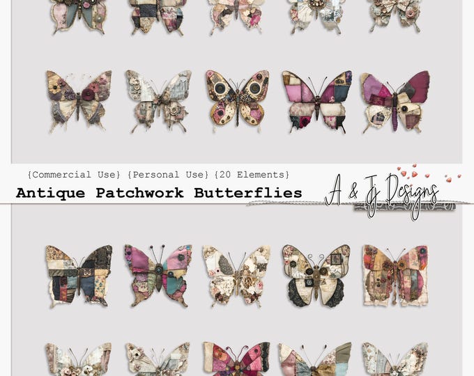 10 Butterflies Clipart Bundle, PNG & JPG, Printable Patchwork Butterfly ...