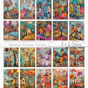 Whimsy Houses Vol 1, CU, PU, stampabile, documenti, JPG, diari spazzatura, Scrapbooking, Media misti, arte digitale 11x8.5", download digitale