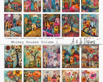 Whimsy Houses Vol 1, CU, PU, Printable, Papers, JPG, Junk Journals, Scrapbooking, Mixed Media, 11x8.5" Digital Art, Digital Download