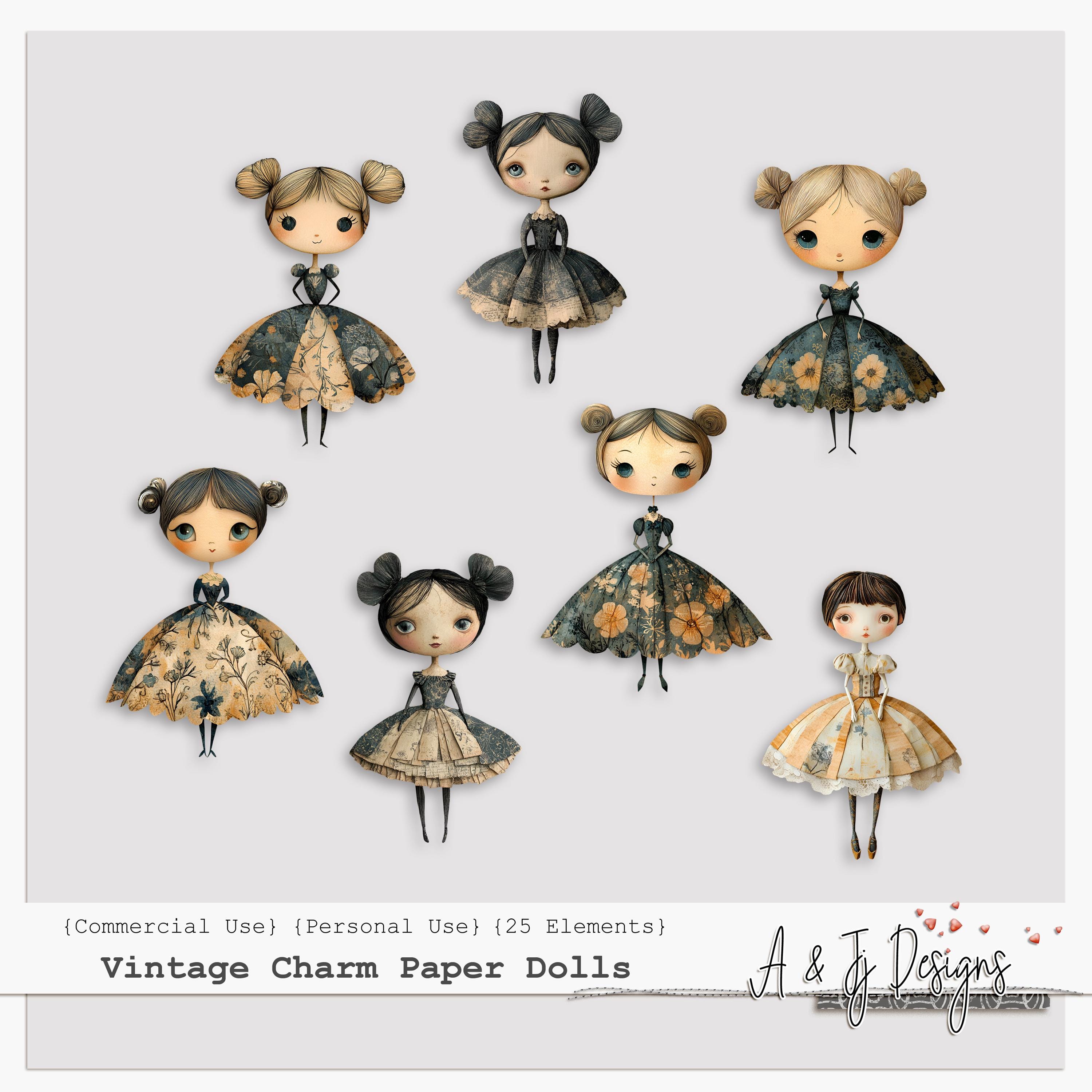 Vintage Charm Paper Dolls, Junk Journal Ephemera, Digital Doll Cutouts