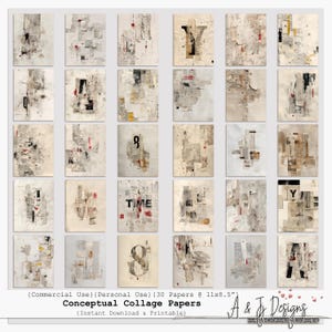 May include: A collection of 30 conceptual collage papers, each with a unique abstract design. The papers feature a mix of neutral tones, with accents of red, black, and yellow. Some papers include letters and numbers. The text "TIME" is visible on one paper.