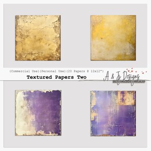 May include: Four digital paper textures in a set. Two are gold and two are purple with a gold overlay. The papers are textured and have a distressed look. The text "Textured Papers Two" is at the bottom of the image.
