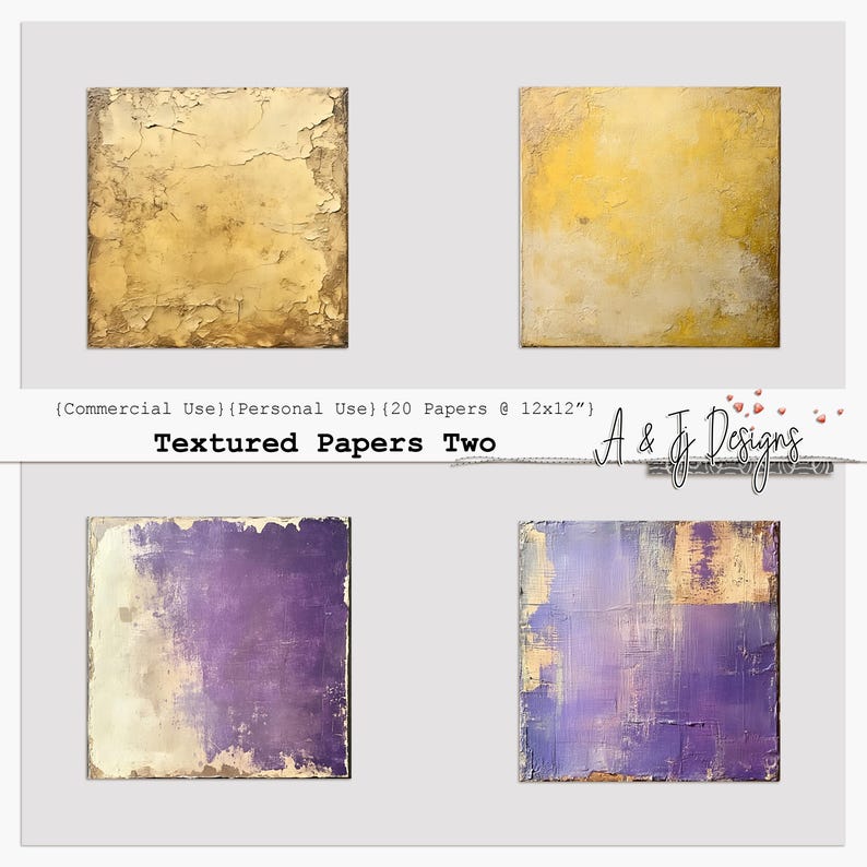 May include: Four digital paper textures in a set. Two are gold and two are purple with a gold overlay. The papers are textured and have a distressed look. The text "Textured Papers Two" is at the bottom of the image.