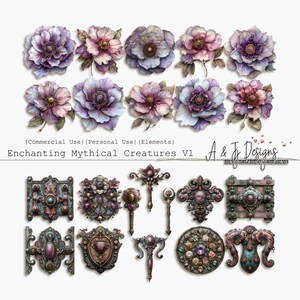 May include: A set of 10 digital clipart images featuring ornate, jewel-toned, vintage-style lockets, keys, and other decorative elements. The images are set against a white background with a floral border.