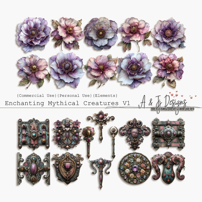 May include: A set of 10 digital clipart images featuring ornate, jewel-toned, vintage-style lockets, keys, and other decorative elements. The images are set against a white background with a floral border.