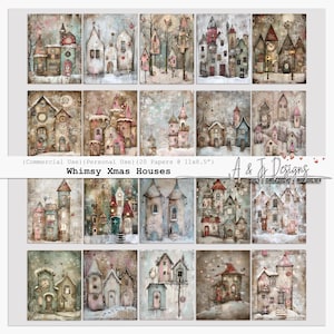 Whimsy Christmas Houses, 20 sztuk cyfrowego papieru, Winter Village Art do Junk Journals, scrapbookingu, tworzenia kartek i świątecznych rękodzieł