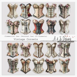 Könnte beinhalten: Eine Sammlung von 20 Vintage-Korsetts mit aufwendigen Details und floralen Verzierungen. Die Korsetts sind in verschiedenen Farben und Mustern gehalten, darunter Beige, Weiß, Blau und Rot.