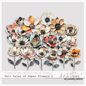 Cuentos fantásticos de flores de papel 2, imágenes prediseñadas florales vintage extravagantes para diarios basura, álbumes de recortes, manualidades y collages digitales, archivos PNG
