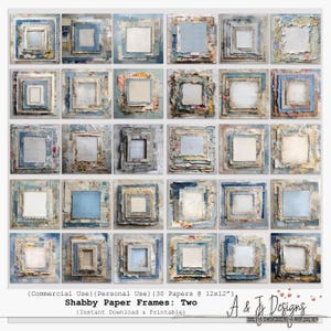 Könnte beinhalten: Ein Raster von 30 quadratischen digitalen Papierrahmen im Shabby-Chic-Stil. Jeder Rahmen ist mit zerrissenen Papierstrukturen in Blau-, Creme- und Blumenmustern versehen. Der Text "Shabby Paper Frames: Two" ist unten sichtbar.