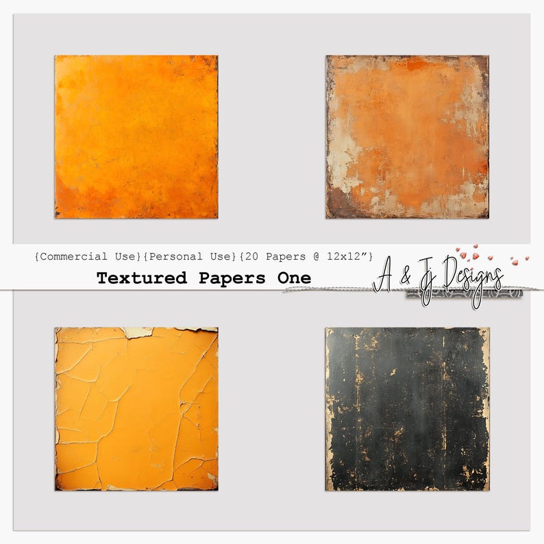 May include: Four square textured papers in shades of orange and black. The papers have distressed and peeling paint effects. The text "Textured Papers One" is visible. Each paper measures 12x12 inches.