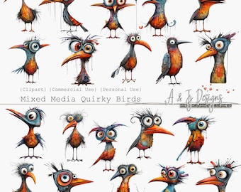 Mixed Media Quirky Birds, Clipart, CU, Printables, Junk Journals, Mixed Media, Ephemera, Paper Craft, Digital Artist, Scrapbooking