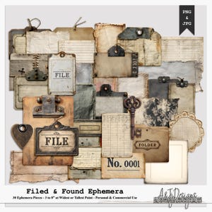 May include: A collection of vintage ephemera pieces, including tags, clipboards, and aged paper. The color palette is muted, with shades of beige, brown, and gray. Some items feature the word "FILE" and "FOLDER". The image includes a key and a heart-shaped tag.