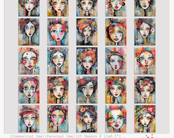 Può includere: Una collezione di 25 ritratti astratti e colorati di donne con volti espressivi. Ogni opera d'arte presenta dettagli unici, tra cui accenti floreali, colori vivaci e acconciature varie. Il testo "Messy on Purpose" è visibile.