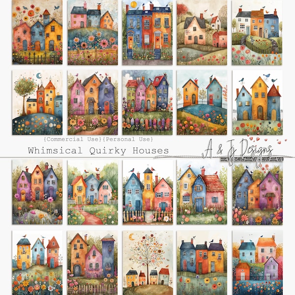 Whimsical Quirky Houses, CU, Printable, Papers, JPG, Junk Journals, Scrapbooking, Mixed Media, 11x8.5", Digital Art, Digital Download