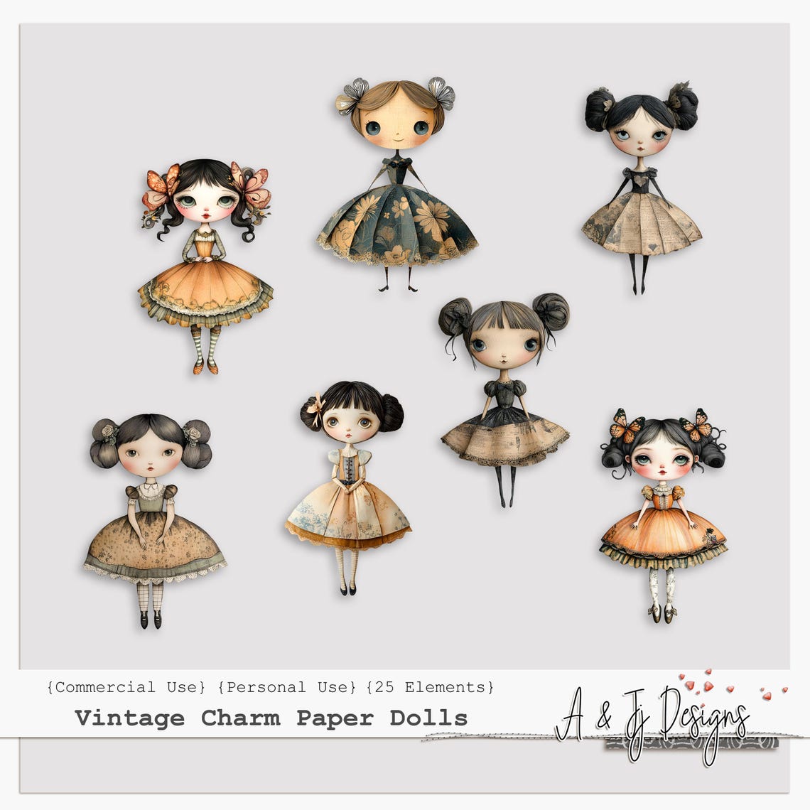 Vintage Charm Paper Dolls, Junk Journal Ephemera, Digital Doll Cutouts