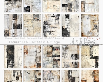 May include: A set of 18 digital papers featuring a distressed, industrial, and rustic grunge aesthetic. The papers are in shades of black, white, and gray with a variety of textures and patterns.