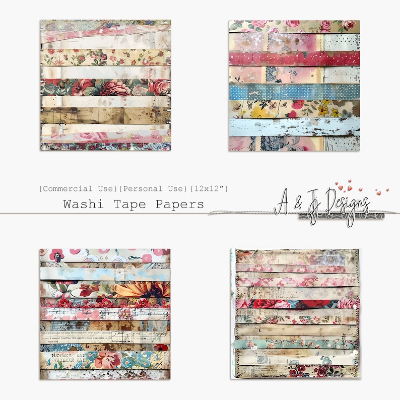 Może przedstawiać: Cztery arkusze wzorzystego papieru washi, każdy z innym wzorem. Papiery mają rozmiar 30,5 cm x 30,5 cm i są przeznaczone do użytku komercyjnego i osobistego.