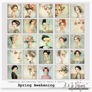 Risveglio di primavera, ritratti pastello ad acquerello, arte floreale primaverile, set di ritratti primaverili, download digitale per scrapbooking e journaling