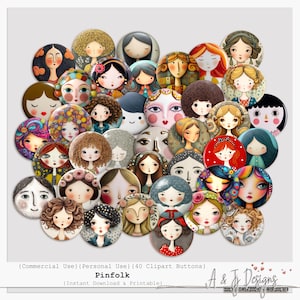 Puede incluir: Una colección de 40 botones de clipart redondos con ilustraciones estilizadas de rostros de mujeres con varios peinados y expresiones. Los botones tienen un fondo blanco y están etiquetados como "Pinfolk" con el texto "(Commercial Use) (Personal Use) (40 Clipart Buttons)" y "(Instant Download & Printable)".