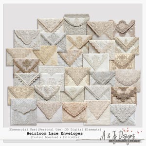 May include: A selection of thirty digital, printable heirloom lace envelopes in cream, beige, and white. The envelopes display detailed lace patterns and textures. The image includes the text "Heirloom Lace Envelopes".