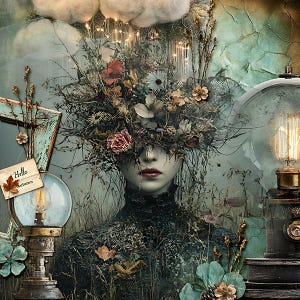 May include: A woman with a crown of flowers and vines covering her eyes. The background is a faded, textured wall with a vintage lamp and a globe. The text "Hello Autumn" is on a small sign.