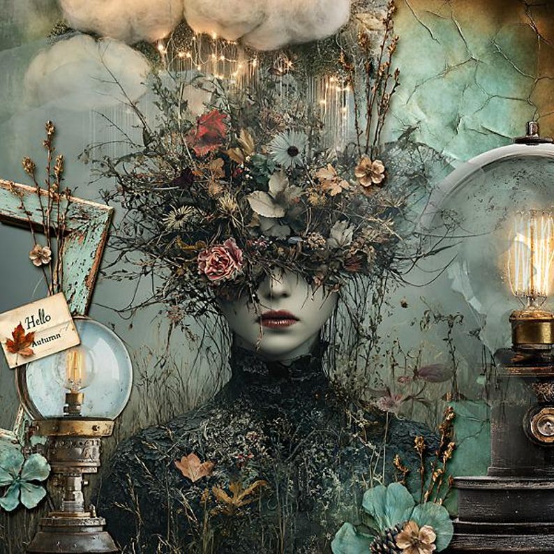 May include: A woman with a crown of flowers and vines covering her eyes. The background is a faded, textured wall with a vintage lamp and a globe. The text "Hello Autumn" is on a small sign.