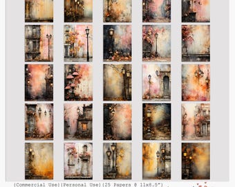May include: A set of 25 printable papers, each with a watercolour painting of a misty autumn scene. The artwork depicts street lamps, buildings, and colourful foliage in shades of orange, pink, and brown. The text "Misty Fall" is included.