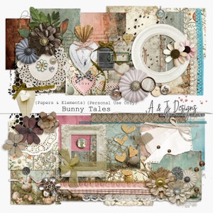 Könnte beinhalten: Ein digitales Collage-Kit mit Vintage-Ästhetik mit floralen Mustern, Spitze, Herzen und einer Vielzahl von Texturen. Das Kit enthält Papiere, Elemente und Verzierungen für digitales Scrapbooking und Basteln. Der Text "Bunny Tales" ist im Bild enthalten.
