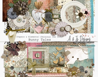 May include: A digital scrapbooking kit titled Bunny Tales by A & J Designs featuring assorted paper textures, floral embellishments, paper doilies, heart-shaped cutouts, ribbons, frames, and decorative buttons in a collage layout.